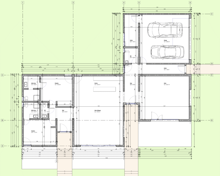 Plan complet d'une maison avec les six niveaux de cotation automatique appliqués aux façades