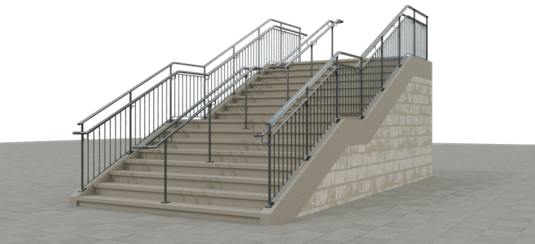 Rendu 3D Revit d'un escalier en béton avec garde-corps métalliques pris en exemple